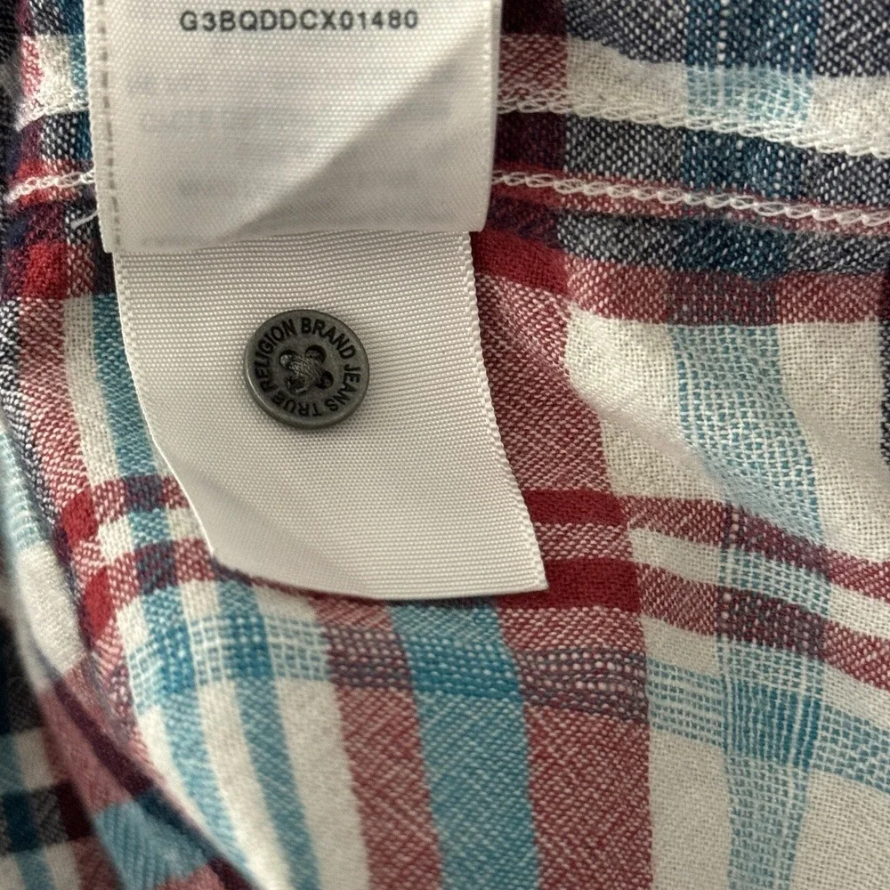 True Religion Shirt Mens Small Blue Red Plaid Flannel‎ Style Dual Pocket Casual